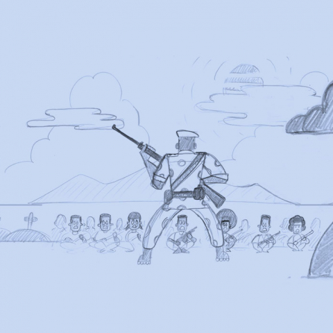 Skizze Kongo Kindersoldaten Brot fuer die Welt Musik teilen Animation Design Thomas Gronle legron Berlin Illustration Freelancer